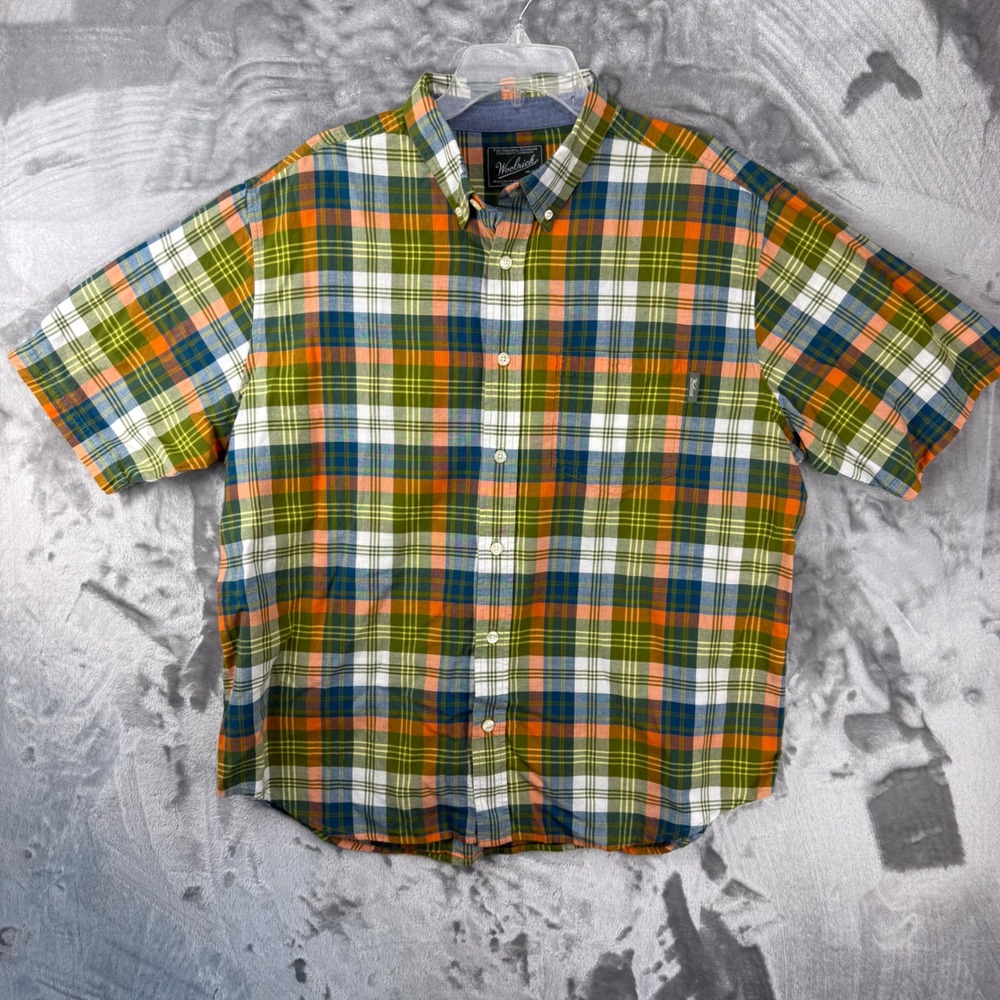 Woolrich Mens XL Short Sleeve Plaid Button Down Shirt Green Orange Cotton 6049
